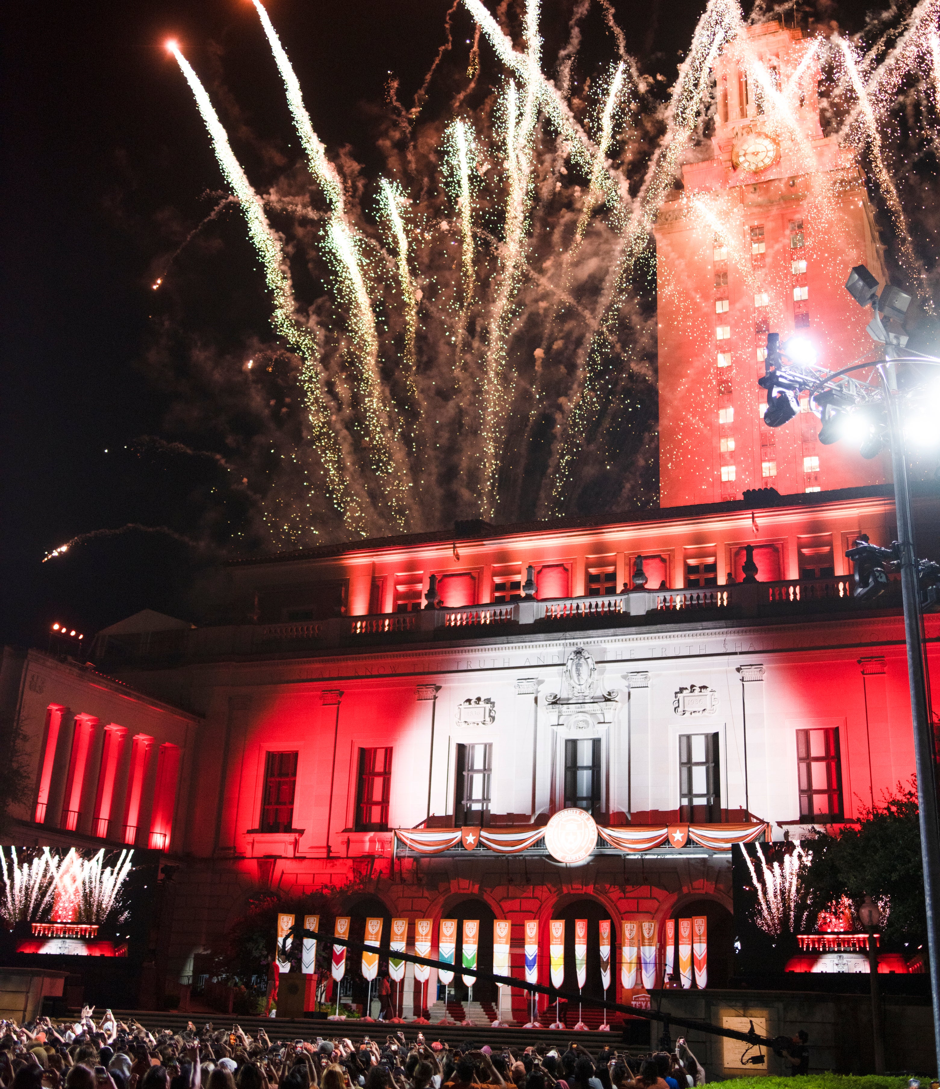 Firework show in front of the historic The University of Texas at Austin.