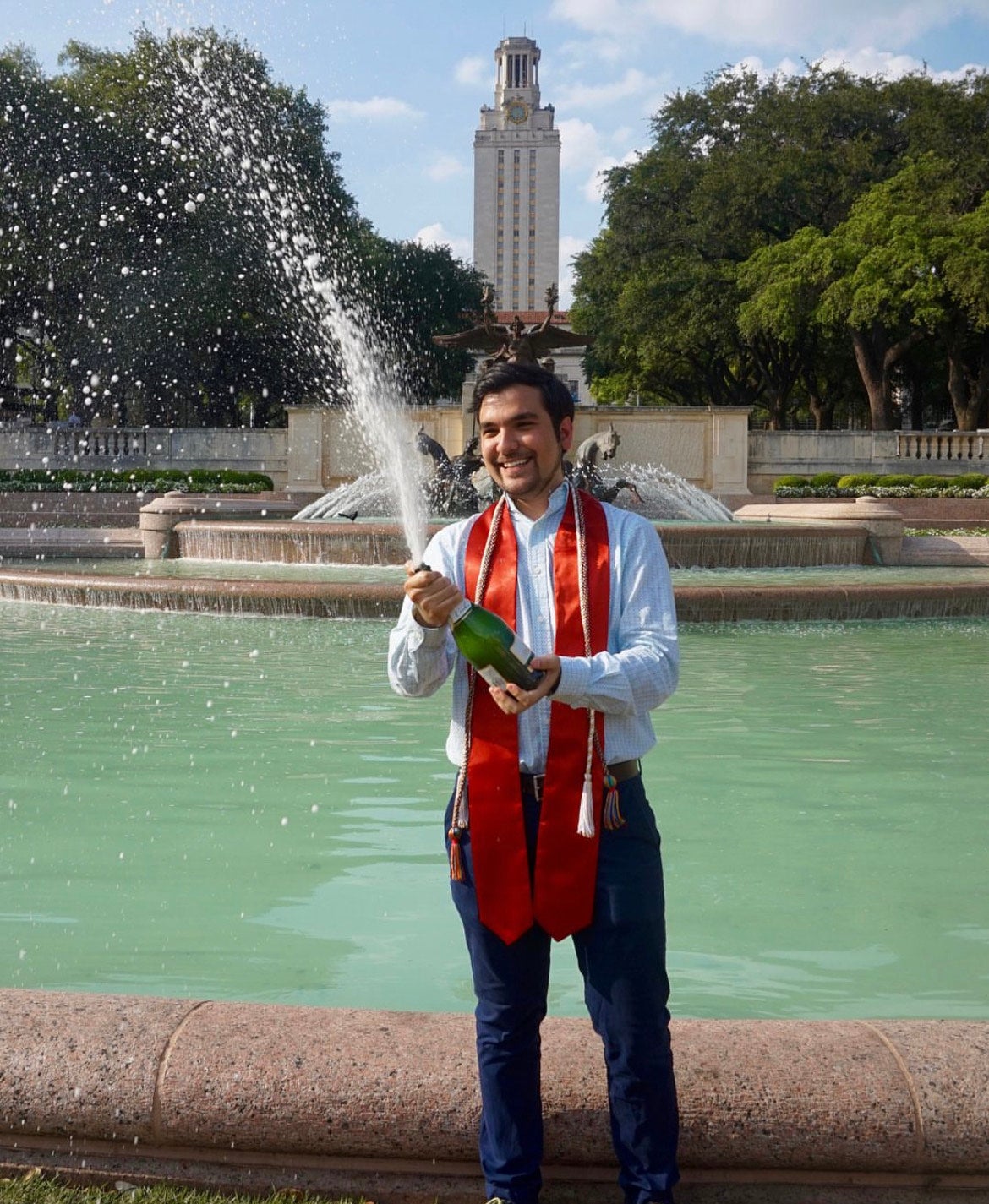 Miguel in front of Littlefield Fountain