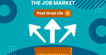 Hands typing on a computer with text "Navigating the Job Market — Post Grad Life"