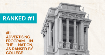 Image of UT Tower with text reading: #1 Advertising Program in the nation as ranked by College Transitions