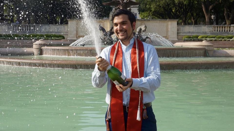 Miguel in front of Littlefield Fountain