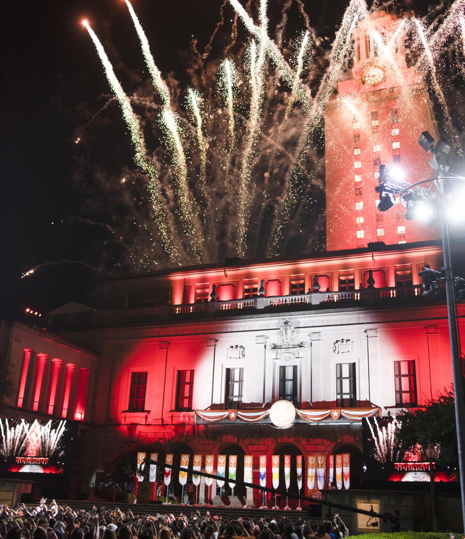 Firework show in front of the historic The University of Texas at Austin.