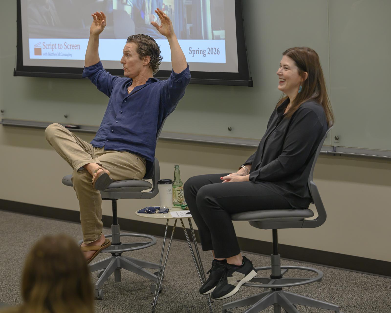 Laura Bright sits with McConaughey while he discusses on-screen topic