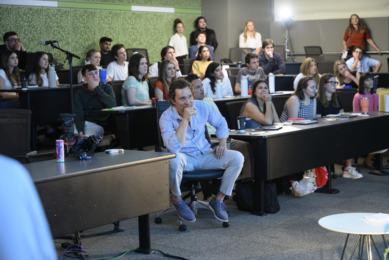 Matthew McConaughey is emotional in front of classroom while and students watch video
