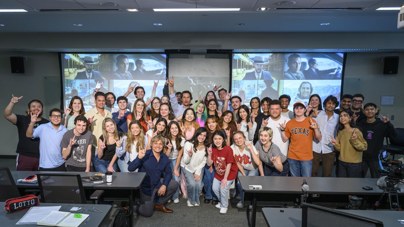 group of students posing with Matthew McConaughey